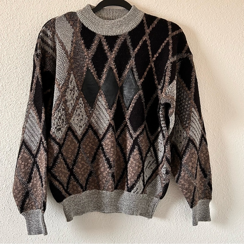 Pacific Club VTG Wool Blend Leather Trim Knit Dad Grandpa Sweater Women Sz Large